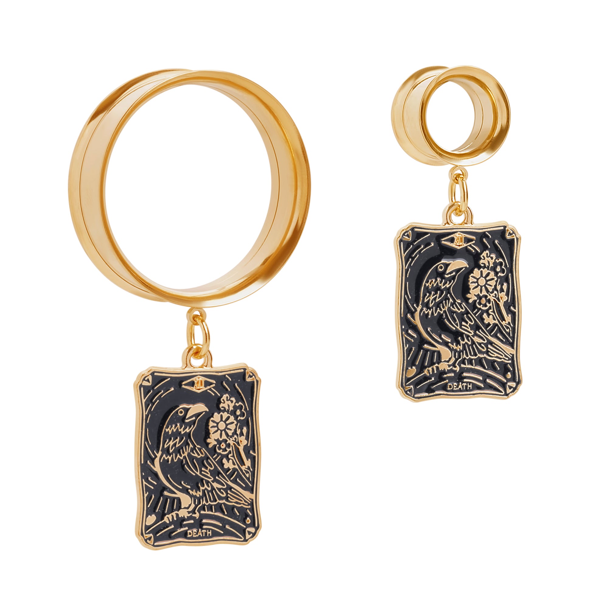 Gold Steel XIII Raven of Change Golden Charm Double Flare Dangle Ear Tunnel / Plug / Gauge