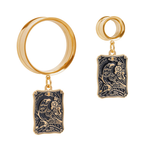 XIII - The Raven Of Change Golden Charm Gold Steel Double Flared Tunnel Dangle / Plug / Gauge