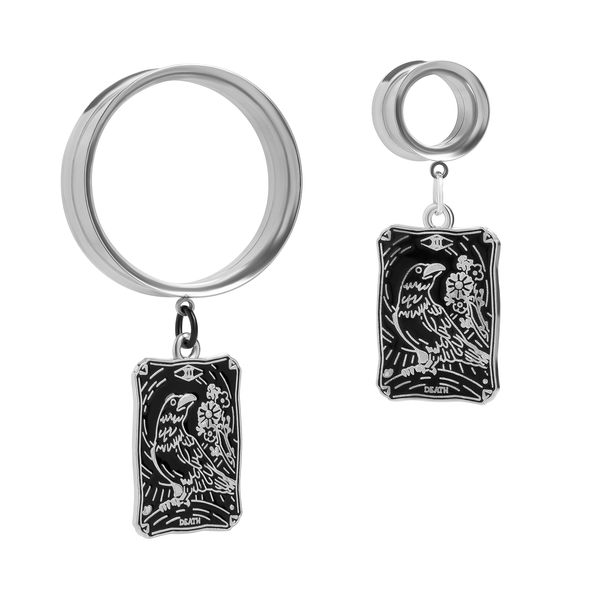 Steel XIII Raven of Change Silver Charm Double Flare Dangle Ear Tunnel / Plug / Gauge