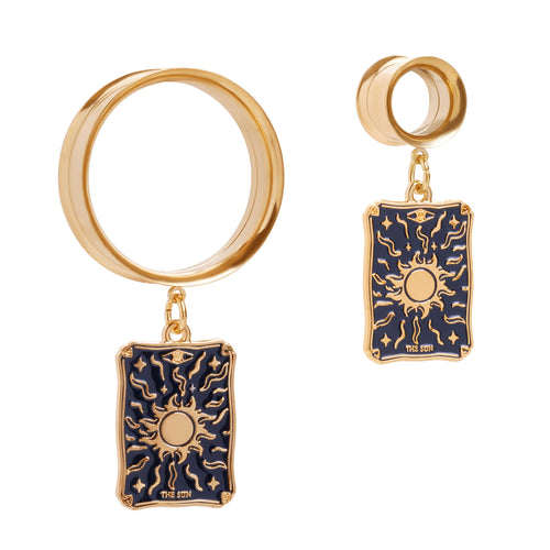 XIX - The Sun Golden Charm Gold Steel Double Flared Tunnel Dangle / Plug / Gauge