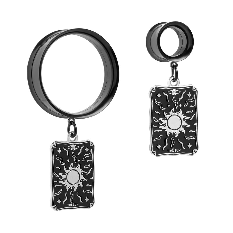 Charm argenté The Sun XIX en acier noir, tunnel d’oreille à double flared à pendants / Plug / jauge