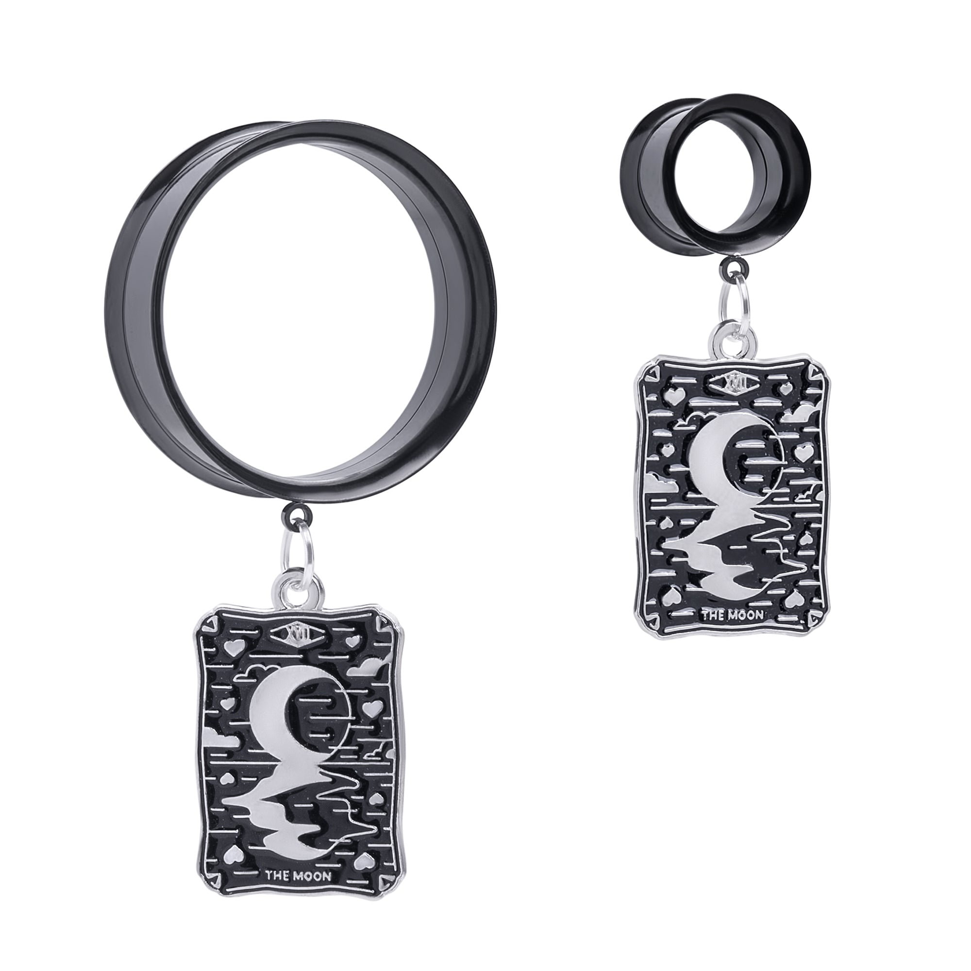 Black Steel XVIII The Moon Charm Double Flare Dangle Ear Tunnel / Plug / Gauge