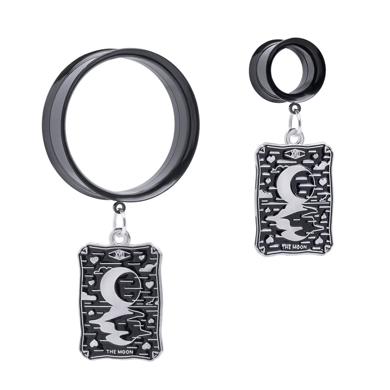 Tunnel d’oreille à double flare avec pendentif Charme Moon en acier noir XVIII / Plug / jauge
