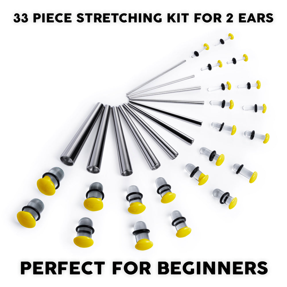 Beginners Ear Stretching Kit for Ears - 33 Piece Pack - Includes Surgical Steel Tapers & Clear - Yellow Glass Plug / Gauge - Starter Pack of Metal Ear Stretchers from 14g to 00g