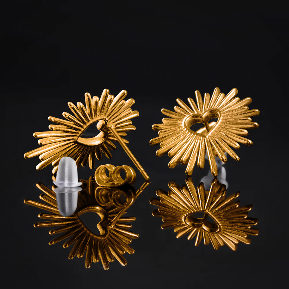 Stud Earrings, Gold, Sunburst Heart, 316L Stainless Steel - Pair - 316L Stainless Steel Stud Earrings / Sunburst Heart / Alternative Piercings /Gold Jewellery
