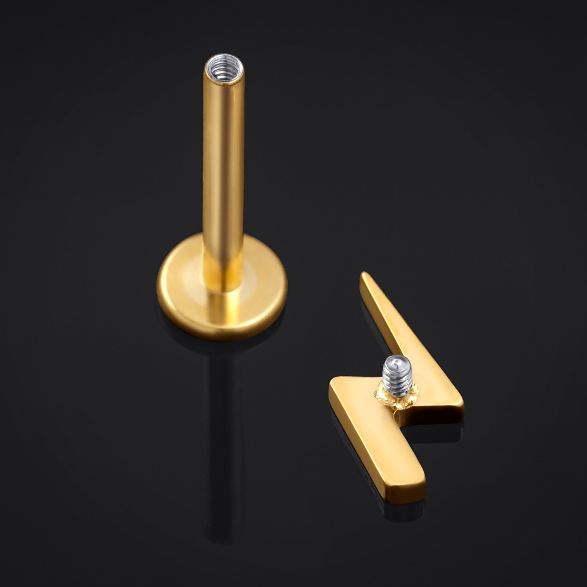 Labret Stud, Gold, Lighting Bolt Top, Internally Threaded, Titanium, 1.2mm