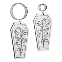 Boucles d'oreilles plug pendantes cercueil fleurs mortes argentées