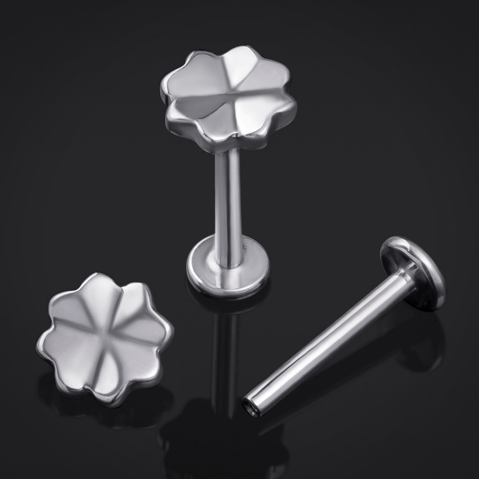 Silver Four Leaf Clover Internally Threaded Titanium Labret Stud 1.2mm Gauge