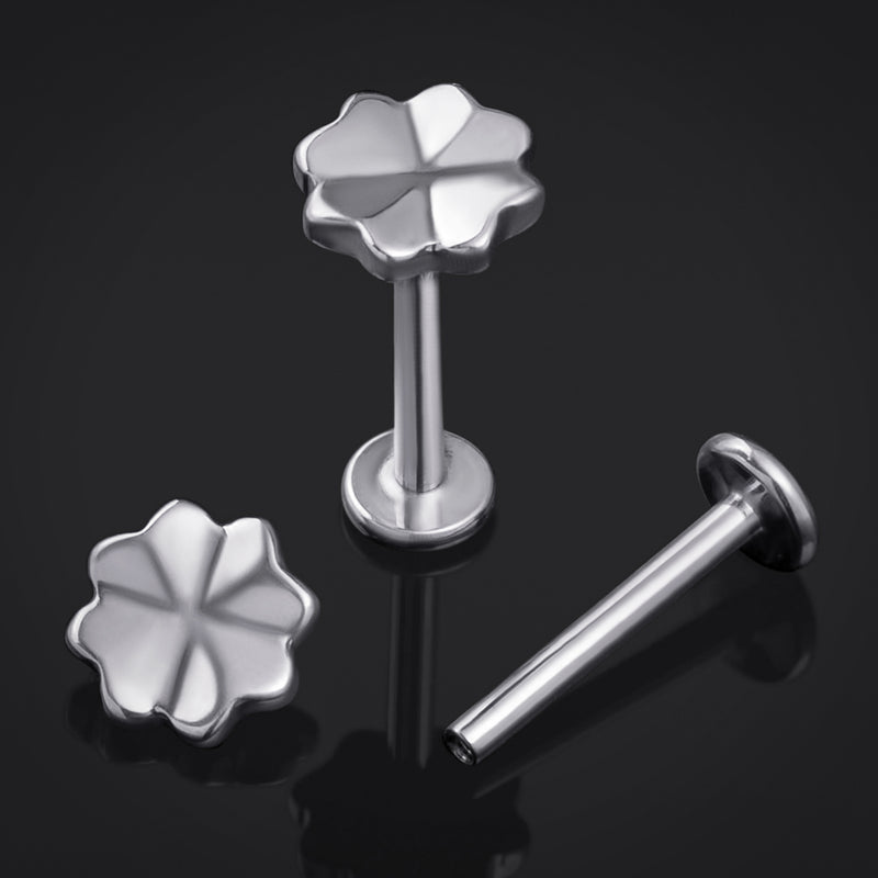 Labret en titane à filetage interne, trèfle à quatre feuilles argenté, calibre 1,2 mm
