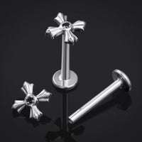 Labret en titane à filetage interne croix sertie argent et noir 1,2 mm
