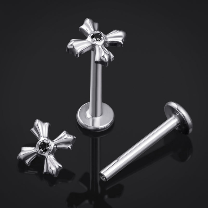 Labret en titane à filetage interne croix sertie argent et noir 1,2 mm