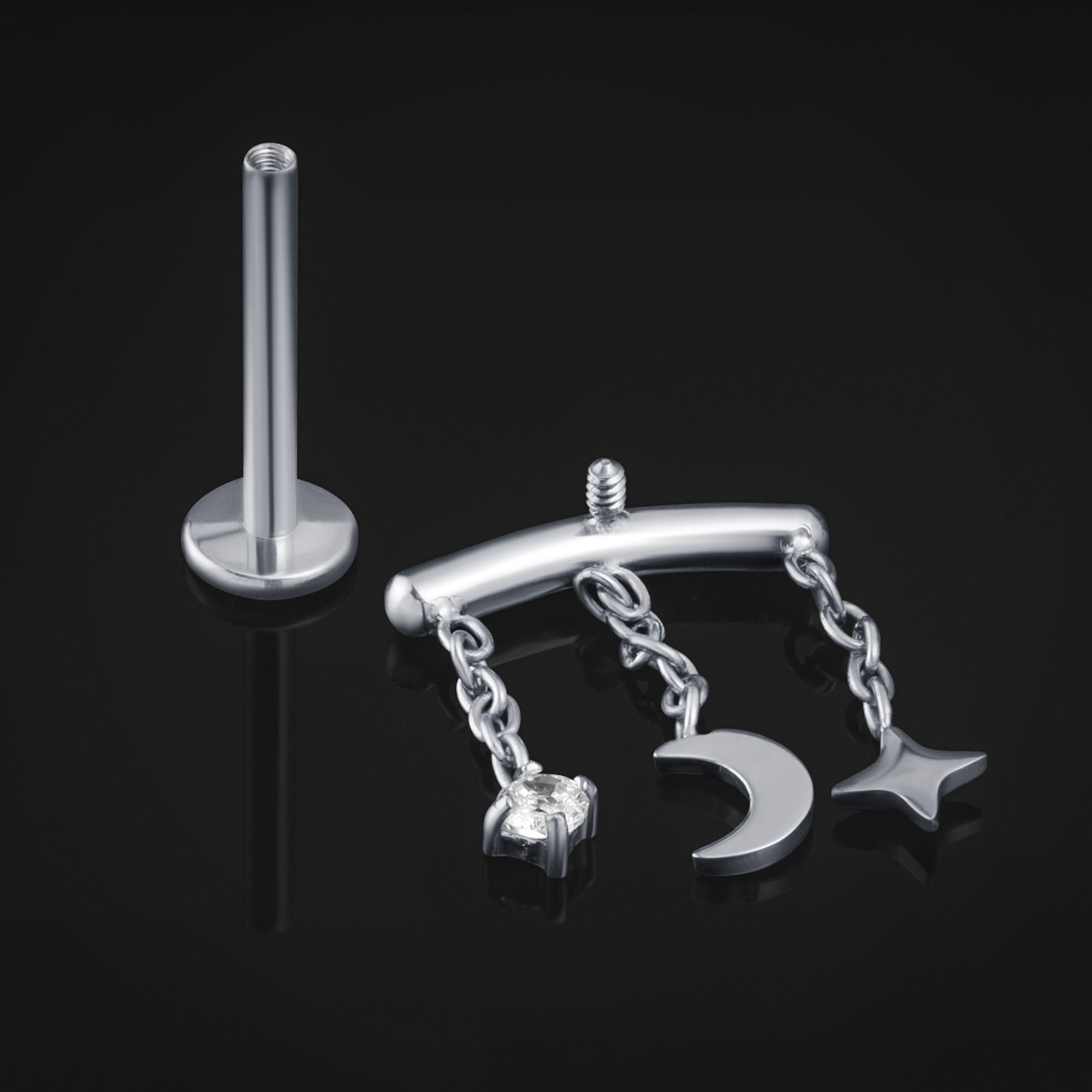 Labret Stud, Silver, Jewel, Moon and Star, Internally Threaded, Titanium, 1.2mm Gauge