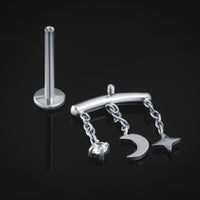 Labret piercing, argent, bijou, lune et étoile, filetage interne, titane, calibre 1,2 mm