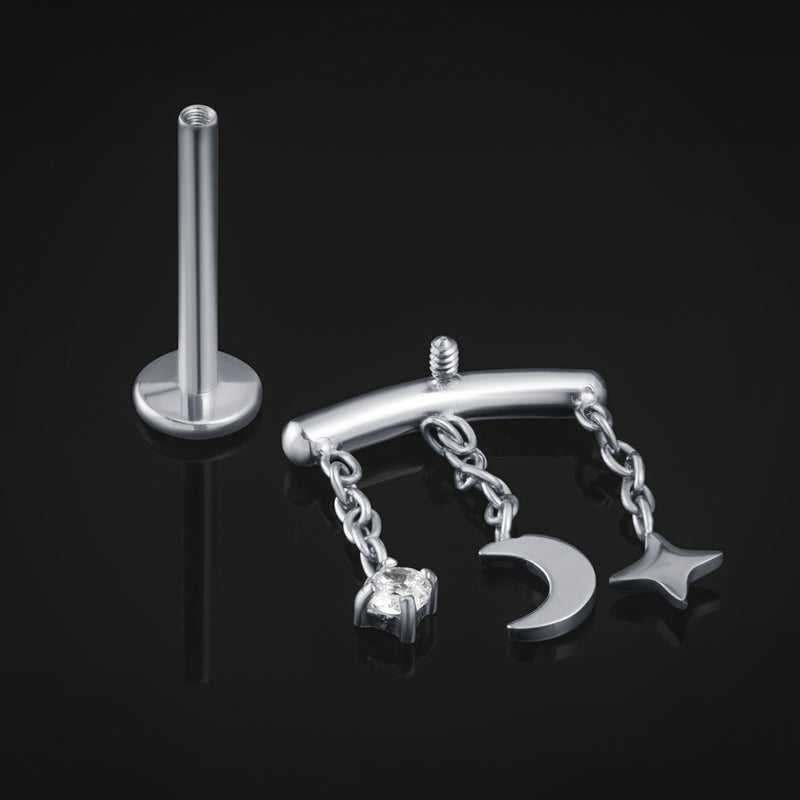 Labret piercing, argent, bijou, lune et étoile, filetage interne, titane, calibre 1,2 mm
