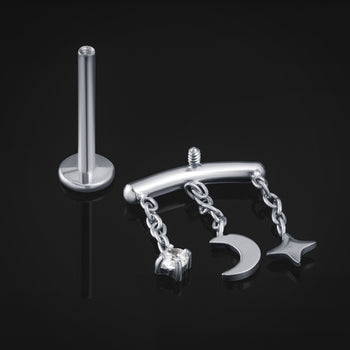 Labret Stud, Silver, Jewel, Moon and Star, Internally Threaded, Titanium, 1.2mm Gauge