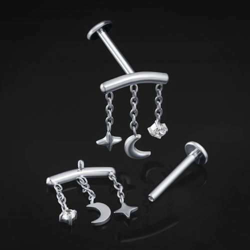 Labret Stud, Silver, Jewel, Moon and Star, Internally Threaded, Titanium, 1.2mm Gauge