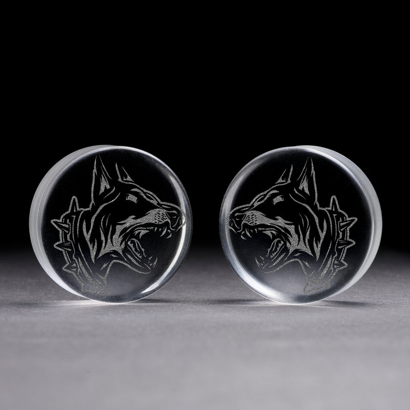 Plug / Gauge Chien doberman en colère - Verre transparent | Face plate double évasé