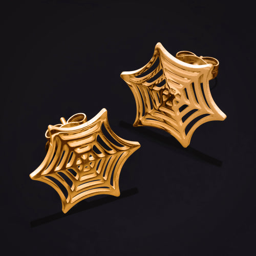 Stud Earrings, Gold, Spider Web Design, Titanium - Pair