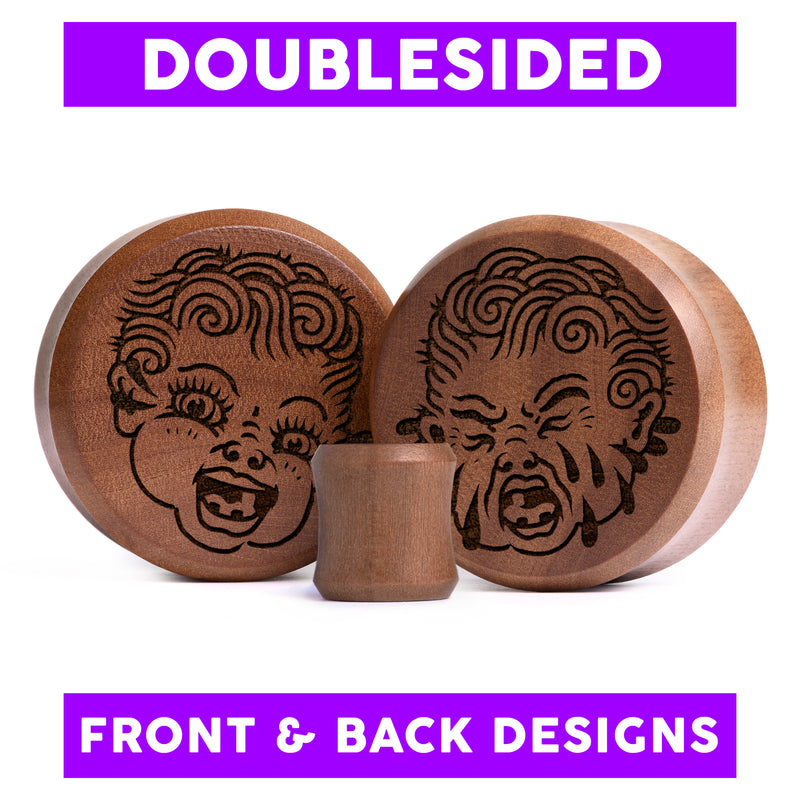 Plug / Gauge Kewpie qui pleure double face - Bois de Saba | Face plate double évasé