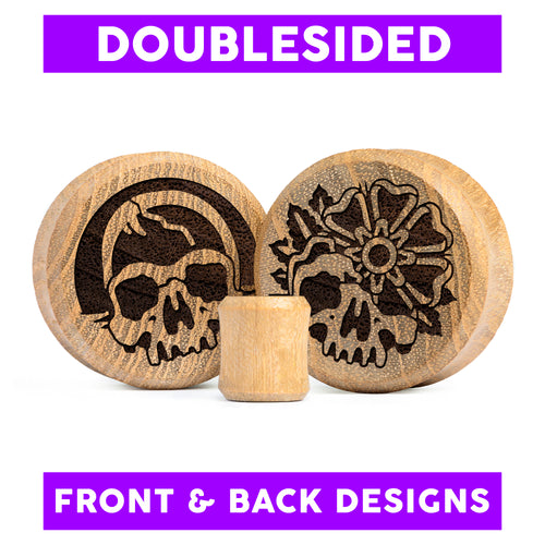 Doppelter Decay Skull Plug / gauge - Teakholz | Doppelaufgeweitet mit flachem Gesicht