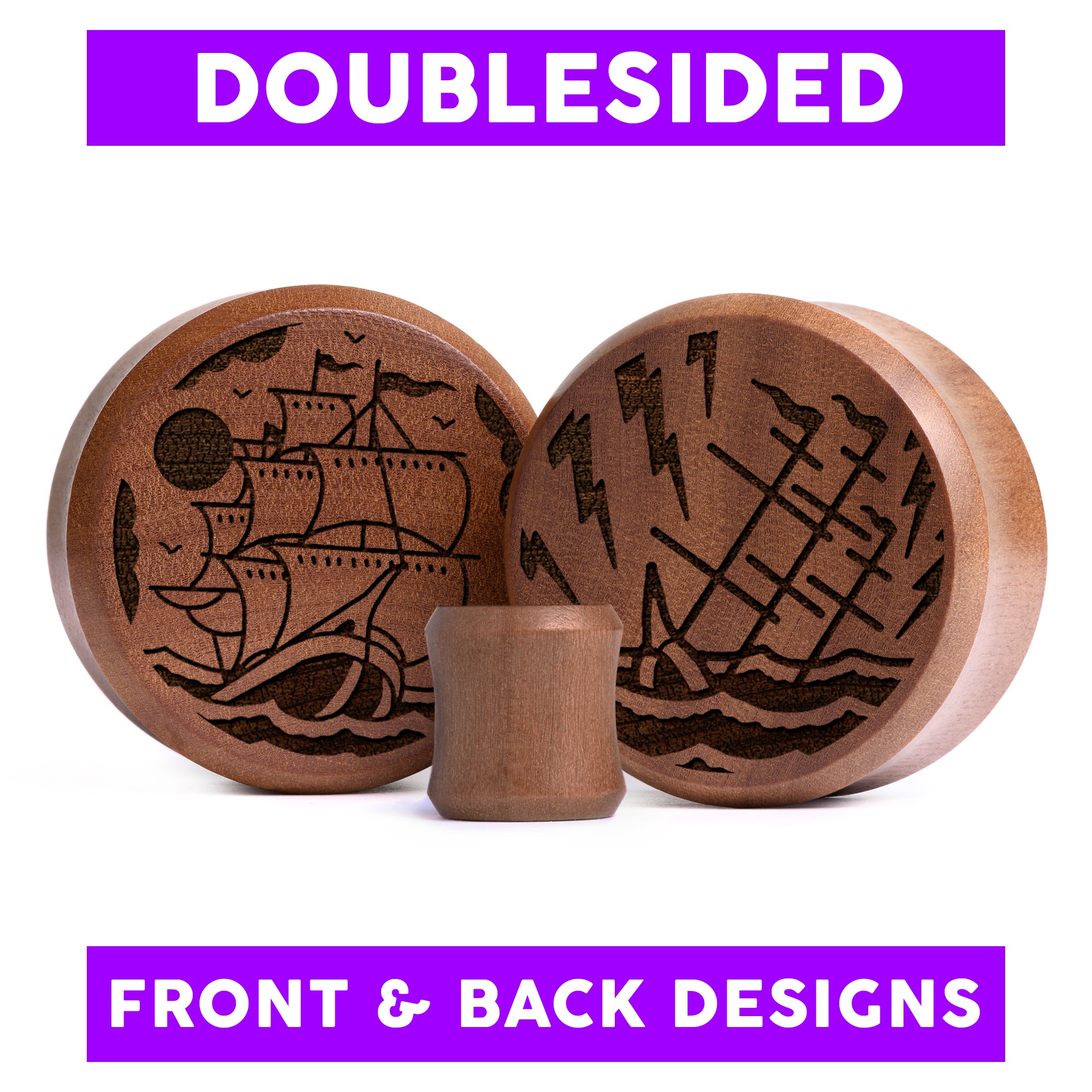 Plug / Gauge Navire qui coule double face - Bois de Saba | Face plate double évasé
