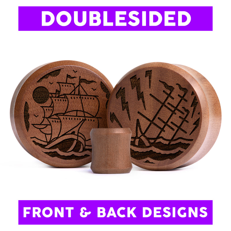 Plug / Gauge Navire qui coule double face - Bois de Saba | Face plate double évasé