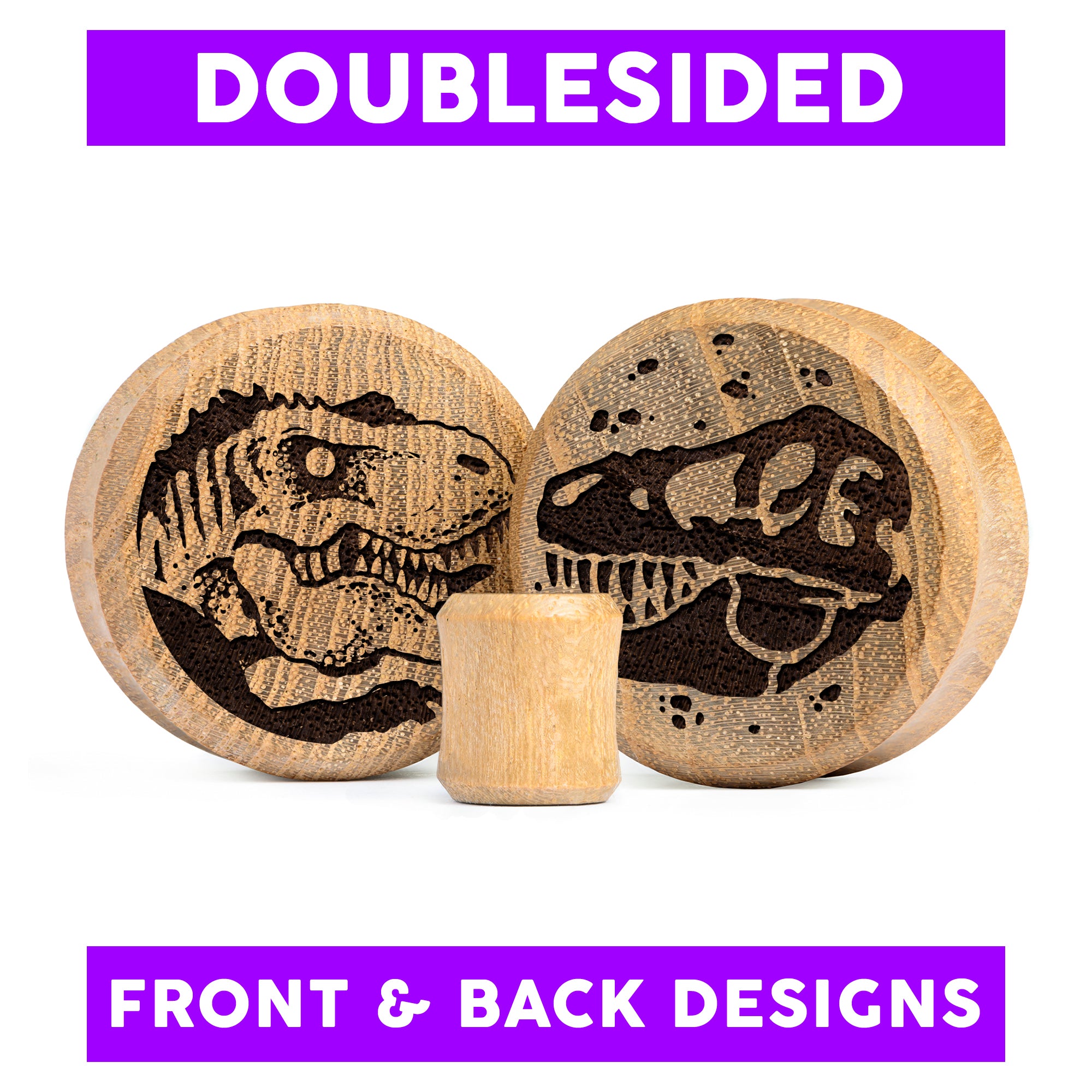 Plug / Gauge Dinosaure T-Rex double face - Bois de teck | Face plate double évasé