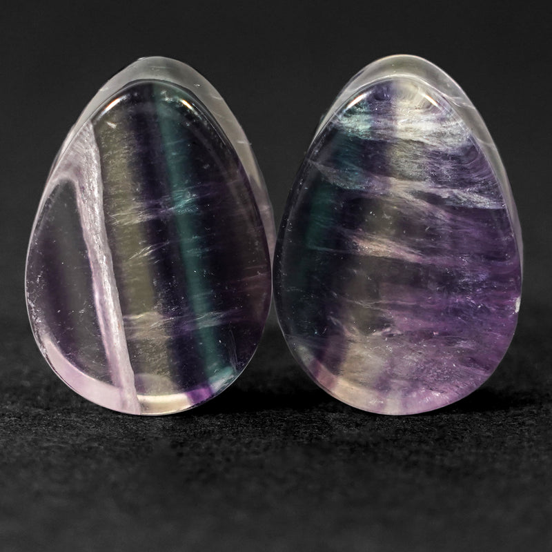 22mm (7/8") Paire de Plug / Gauge en fluorite arc-en-ciel en goutte - (Pièce unique)