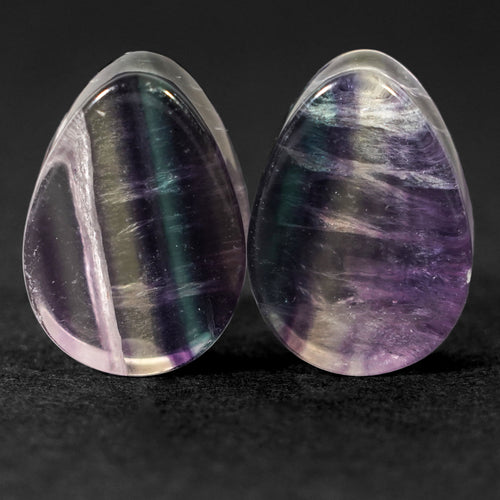 22mm (7/8") Pair Rainbow Fluorite Teardrop Plug / Gauge - (One of a Kind)