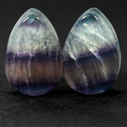 24mm (15/16") Pair Rainbow Fluorite Teardrop Plug / Gauge - (One of a Kind)