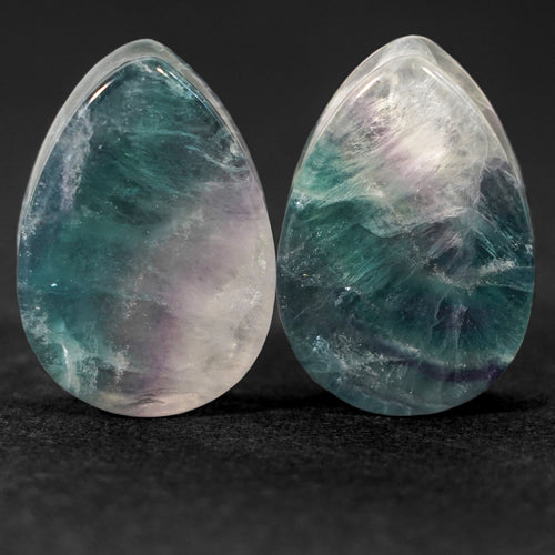 26mm (1.024") Pair Rainbow Fluorite Teardrop Plug / Gauge - (One of a Kind)