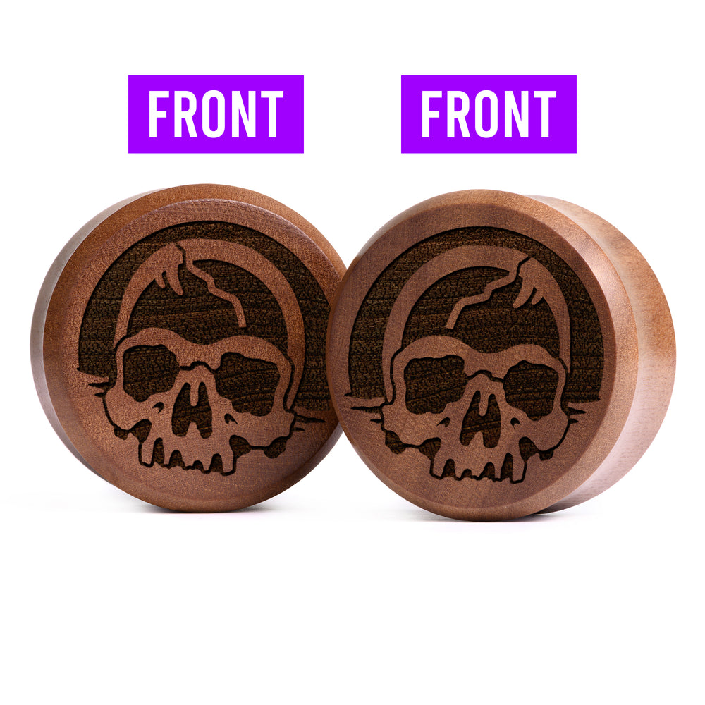 Doublesided Decay Skull Plug / Gauge - Saba Wood | Flat Faced Double Flare - Lasered To Order In House At Custom Plugs HQ