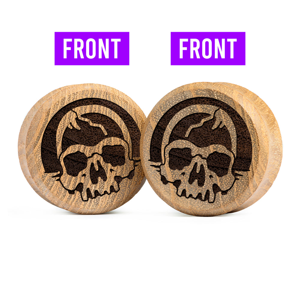 Doppelter Decay Skull Plug / gauge - Teakholz | Doppelaufgeweitet mit flachem Gesicht