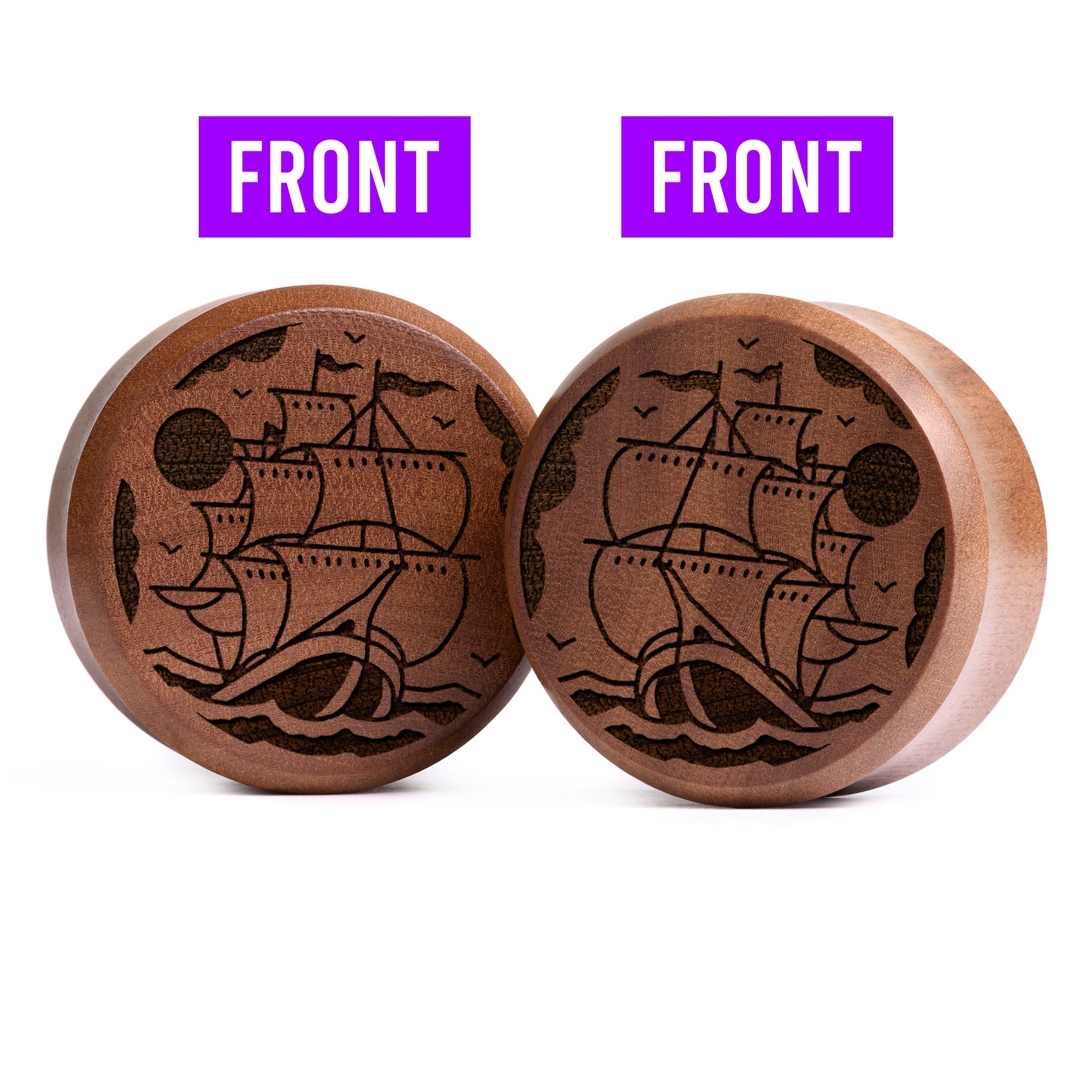 Plug / Gauge Navire qui coule double face - Bois de Saba | Face plate double évasé