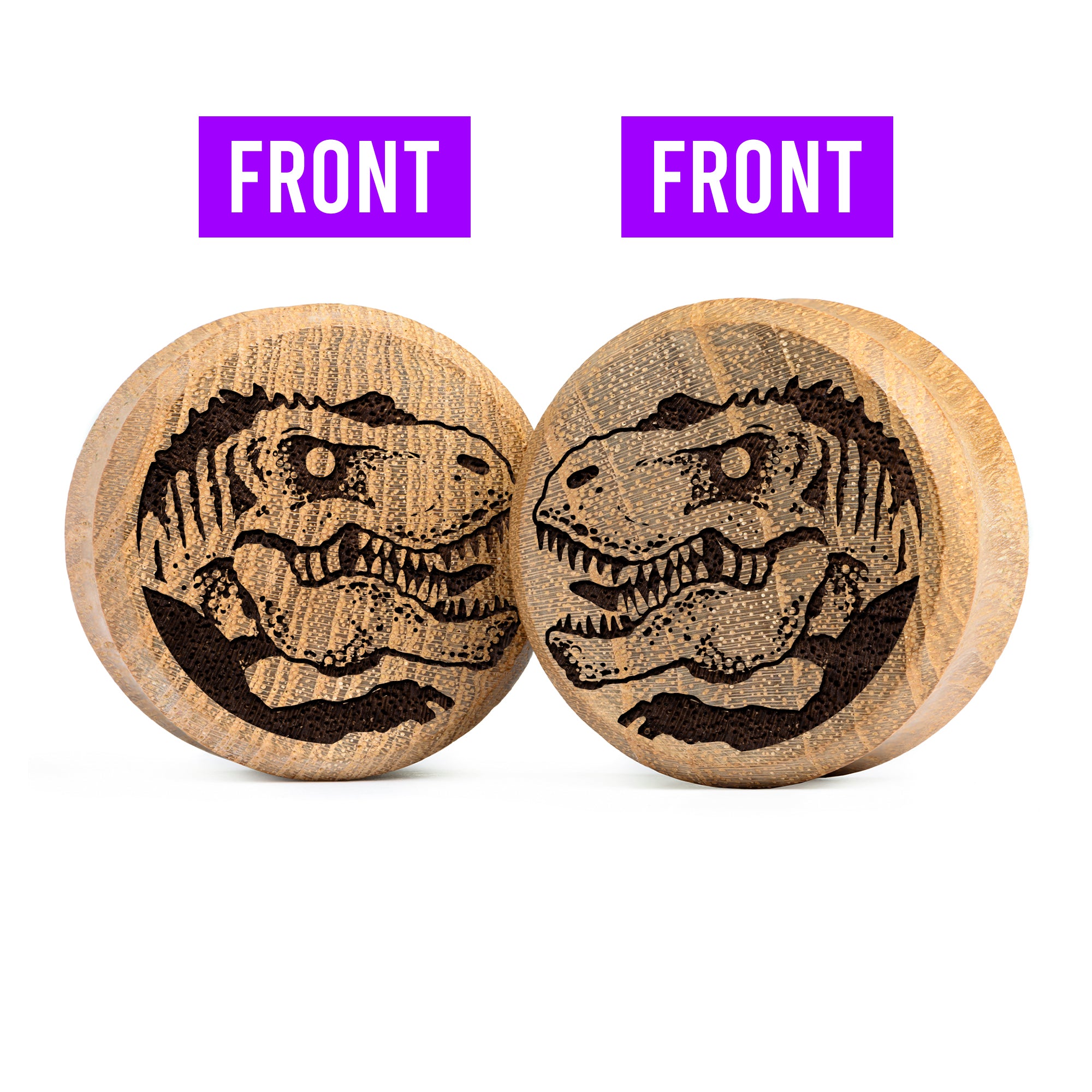 Plug / Gauge Dinosaure T-Rex double face - Bois de teck | Face plate double évasé