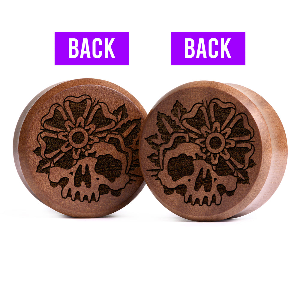 Doublesided Decay Skull Plug / Gauge - Saba Wood | Flat Faced Double Flare - Lasered To Order In House At Custom Plugs HQ