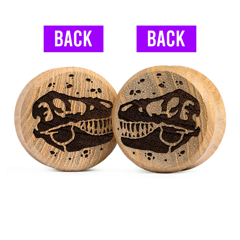 Plug / Gauge Dinosaure T-Rex double face - Bois de teck | Face plate double évasé