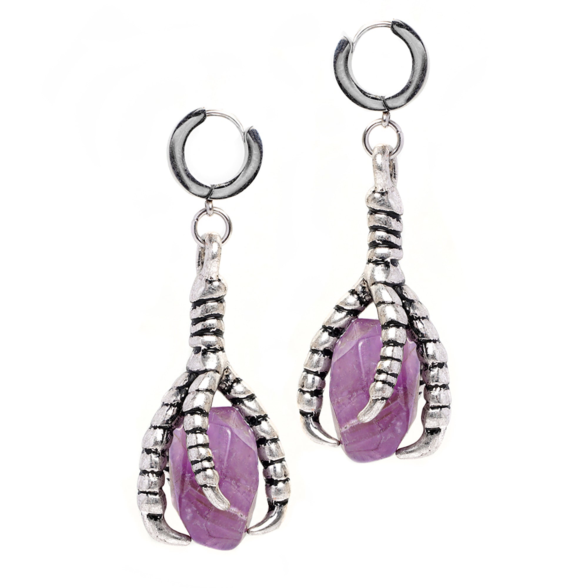 Amethyst & Silver Bird Claw Earrings (Pair)
