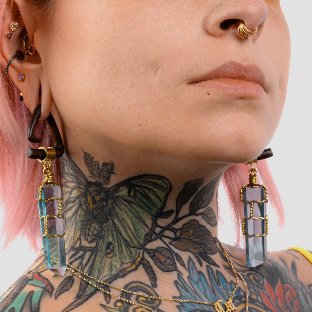 Aqua - Wood & Glass Ear Weights (Pair) - Pair of Glass & Wooden Ear Weights