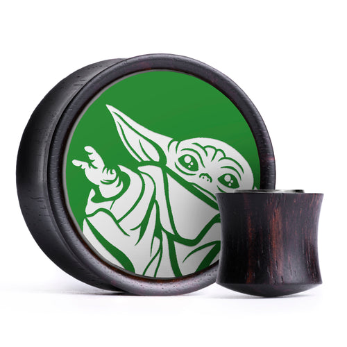 Baby Yoda Plug / Gauge - Light Green & White Inlay Ebony Wood | Convex Double Flare