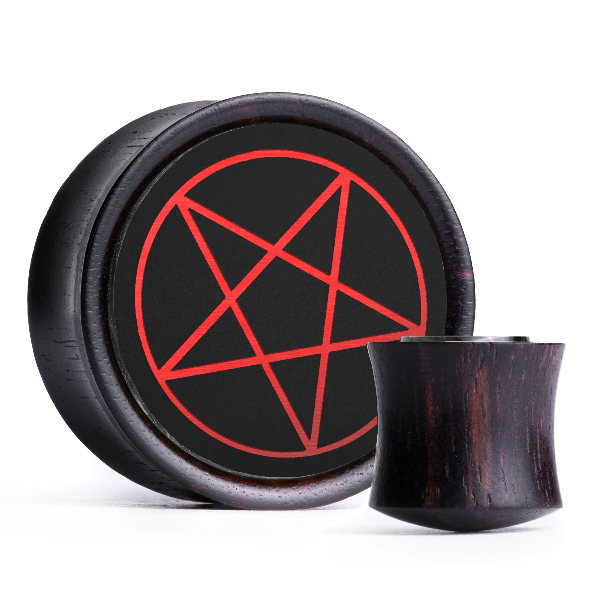 Pentagram Plug / Gauge - Black & Red Inlay Ebony Wood | Convex Double Flare