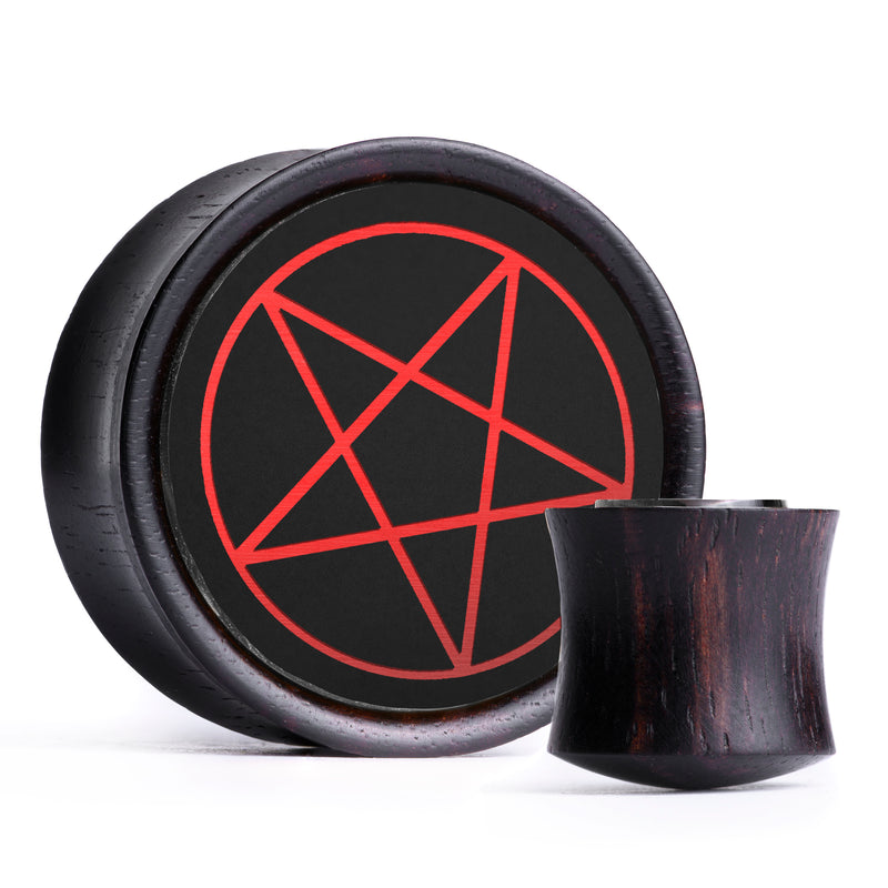 Plug / Gauge Pentagramme - Bois d'ébène incrusté noir & rouge | Convexe double évasé