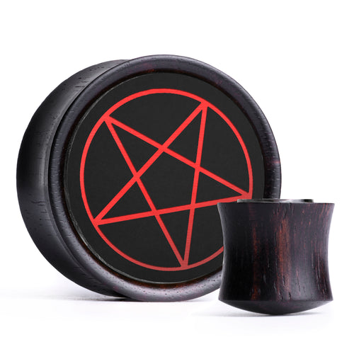 Pentagram Plug / Gauge - Schwarz & Rot Einlage Ebenholz | Konvex Doppel Flare