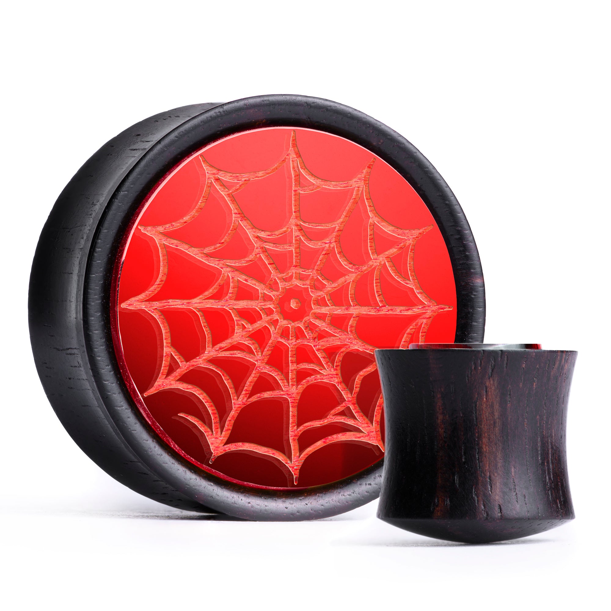 Spider Web Plug / Gauge - Red Inlay Ebony Wood | Convex Double Flare