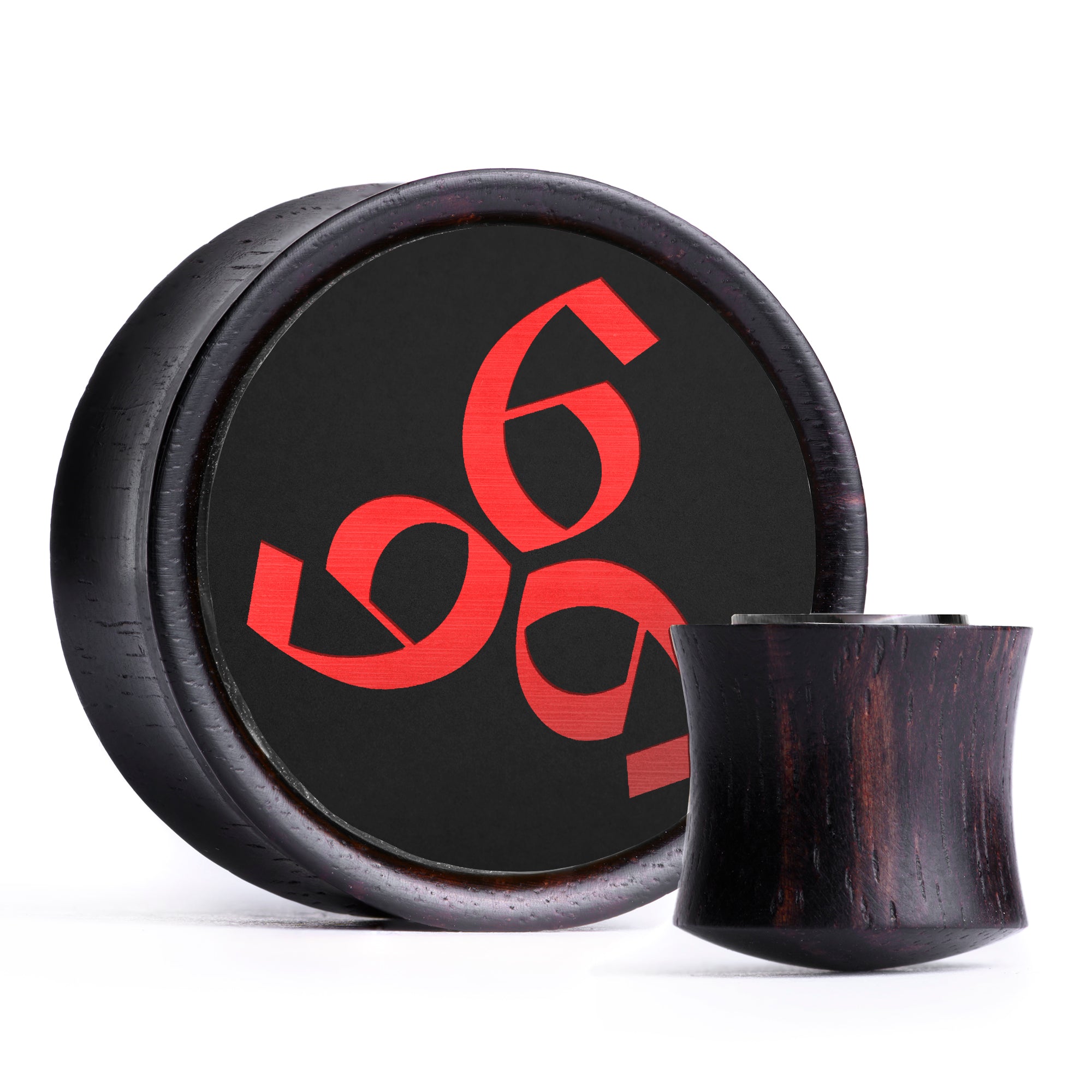 666 Plug / Gauge - Schwarz & Rot Einlage Ebenholz | Konvexer Doppelflansch