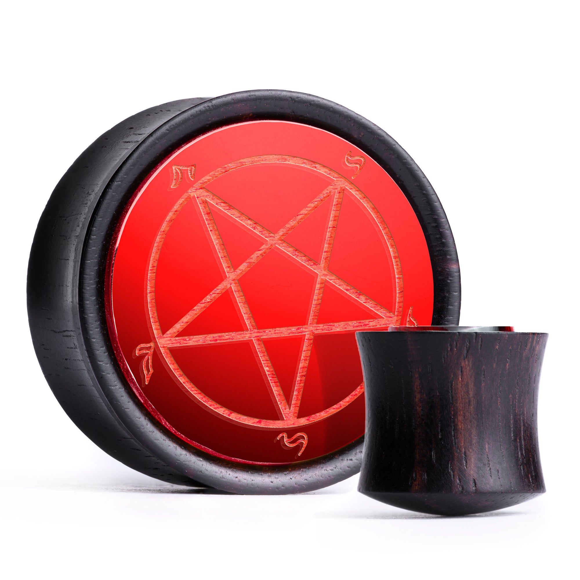 Pentagram Plug / Gauge - Red Inlay Ebony Wood | Convex Double Flare