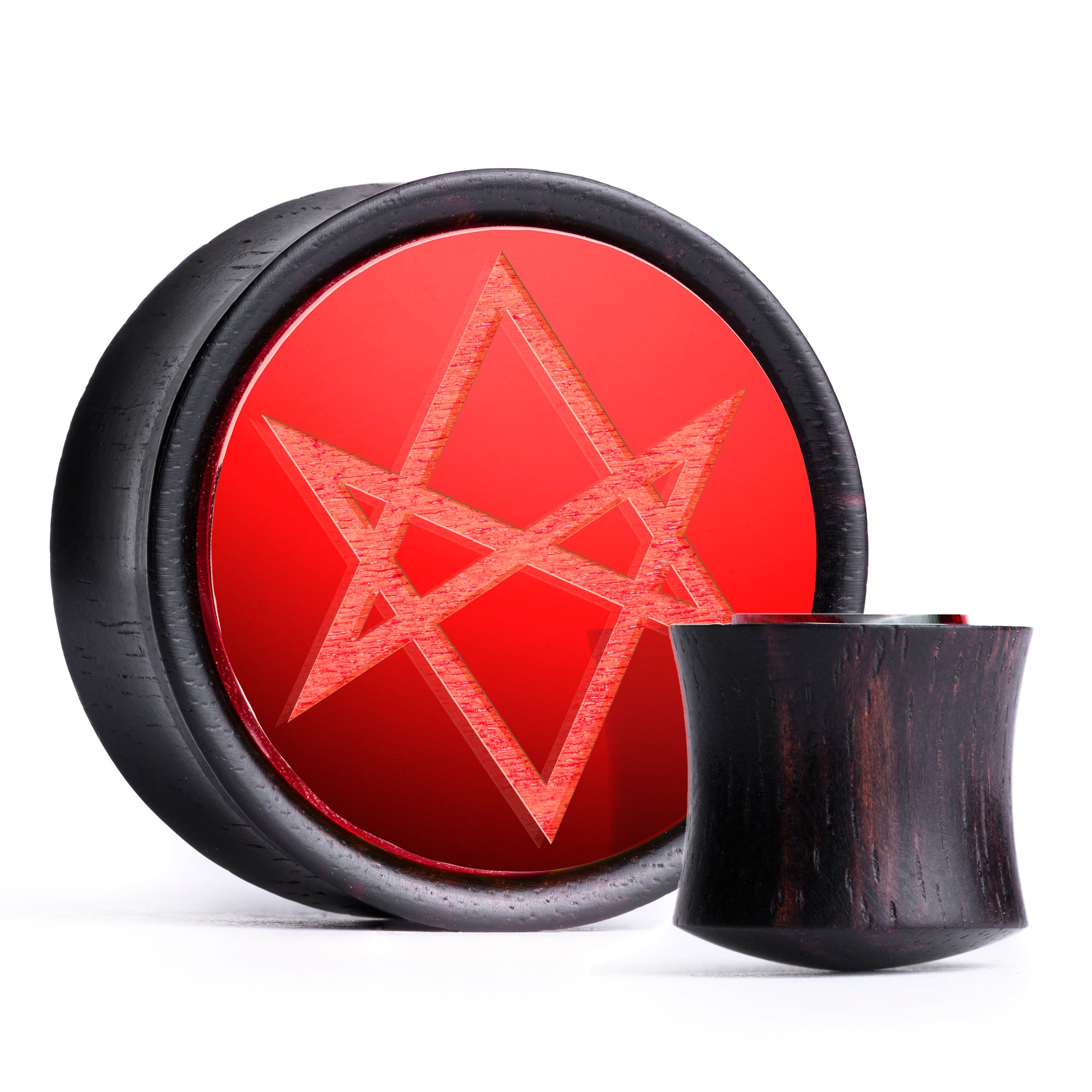 Hexagramm Plug / Gauge - Red Inlay Ebony Wood | Konvexe Doppelaufgeweitet