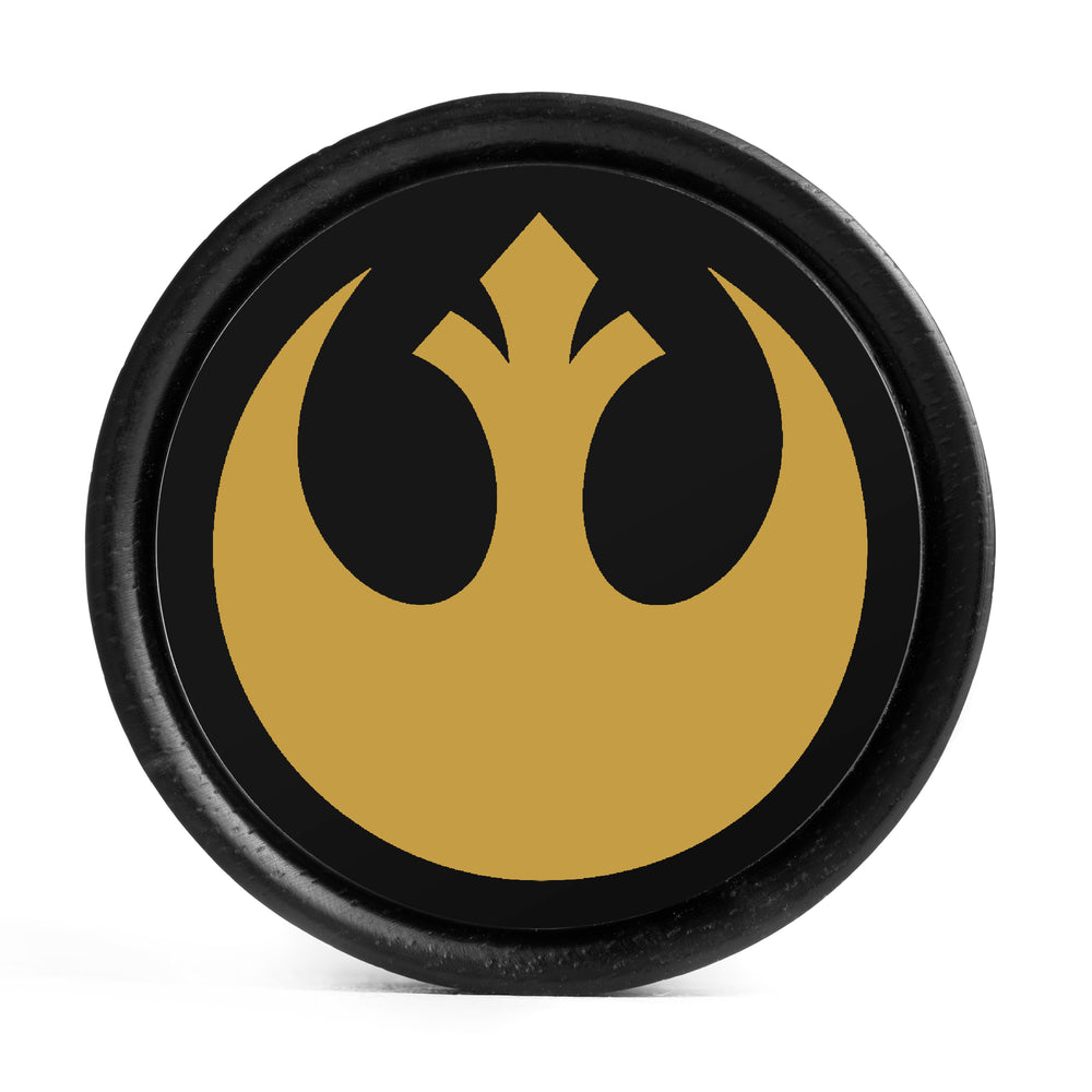 Rebel Alliance Plug / Gauge - Black & Gold Inlay Ebony Wood | Convex Double Flare - Lasered To Order In House At Custom Plugs HQ