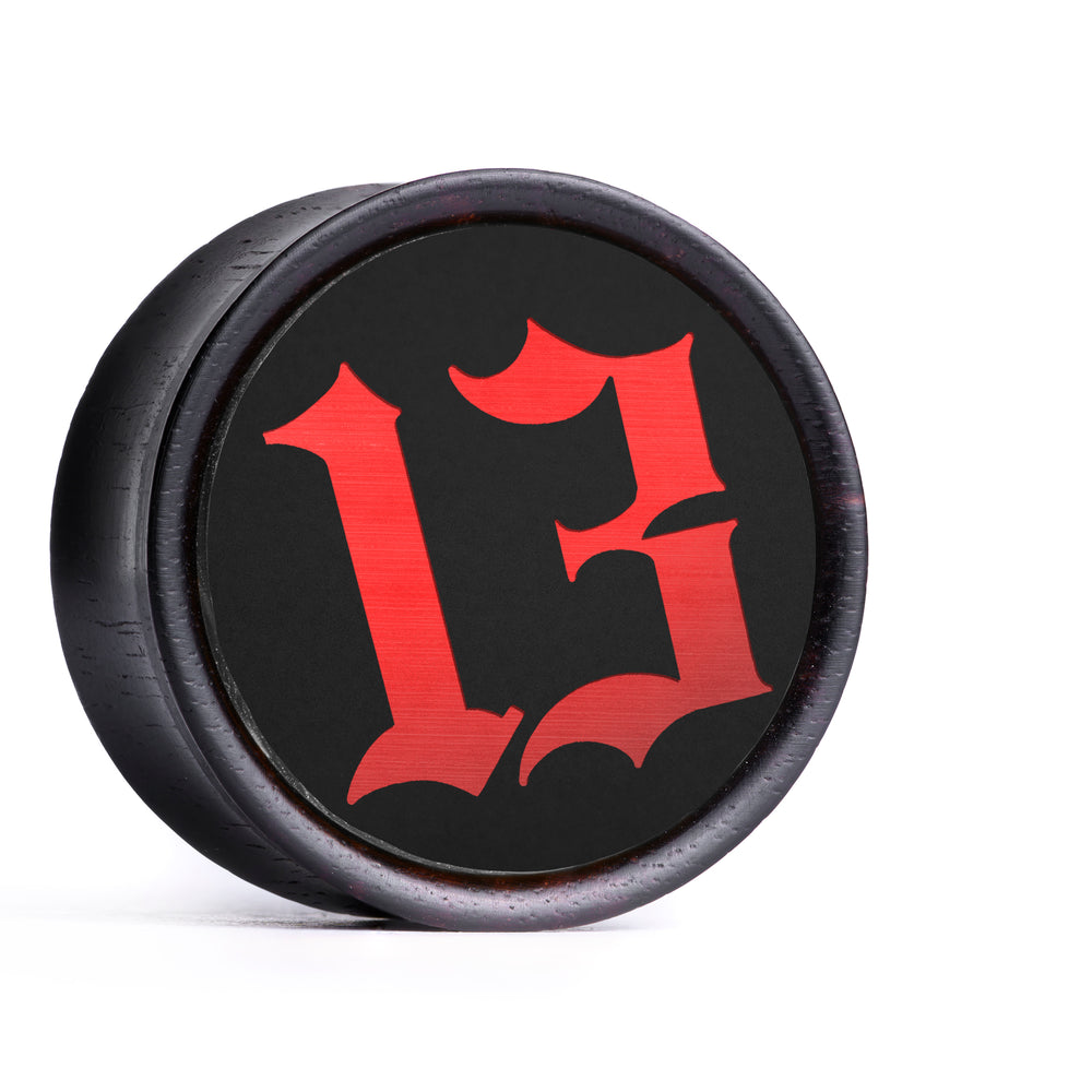 Unlucky 13 Plug / Gauge - Black & Red Inlay Ebony Wood | Convex Double Flare - Lasered To Order In House At Custom Plugs HQ