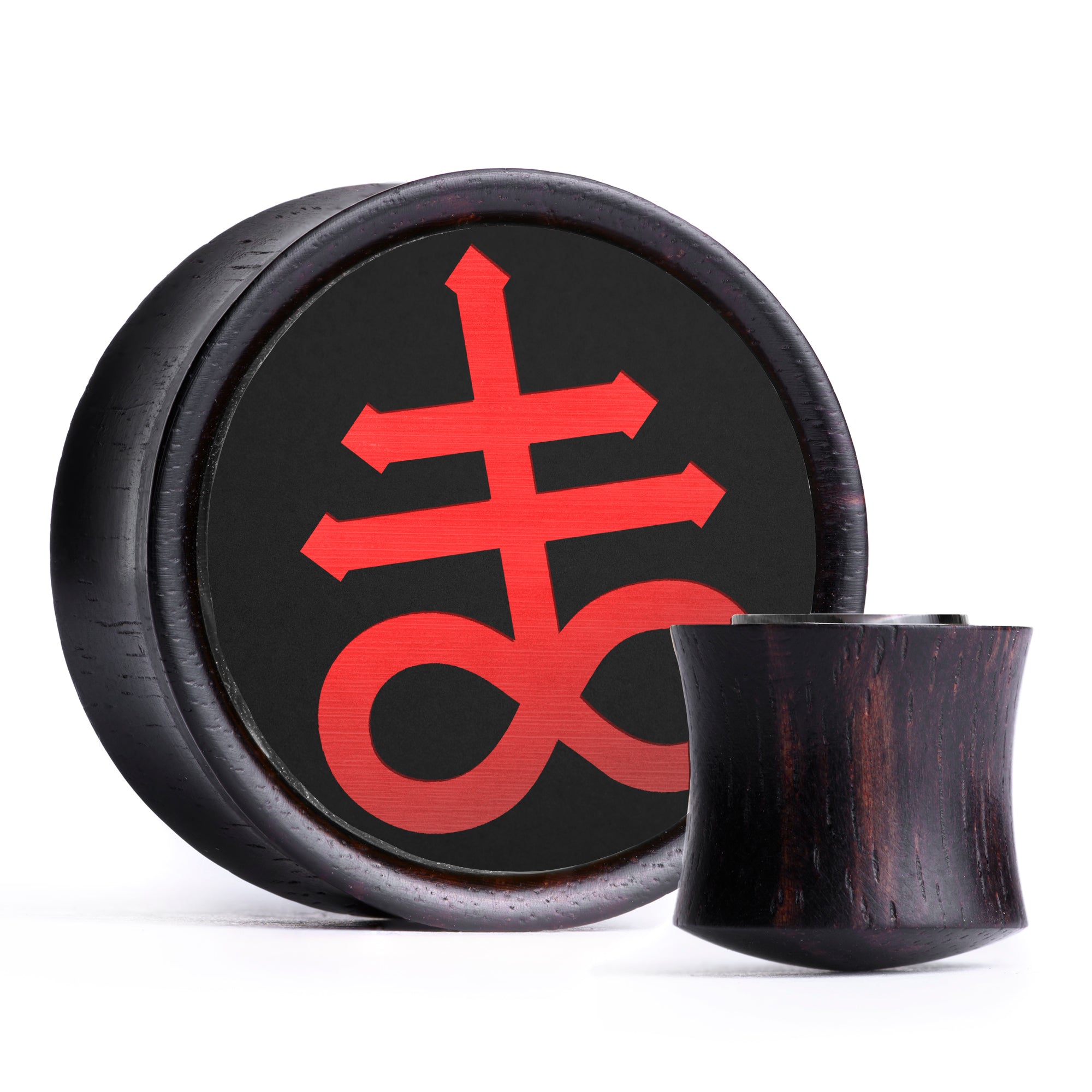 Leviathan Cross Plug / Gauge - Black & Red Inlay Ebony Wood | Convex Double Flare